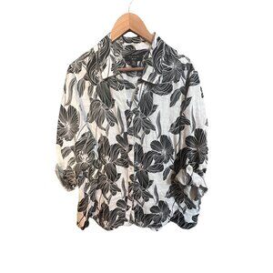 Tahari Womens Black & White Floral Button-Up Linen‎ Blouse 2X